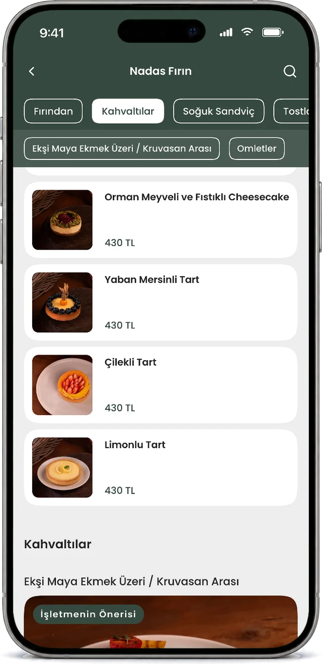Nadas Fırın QR menüsünde fotoğraflı ürünler ve fiyatlar