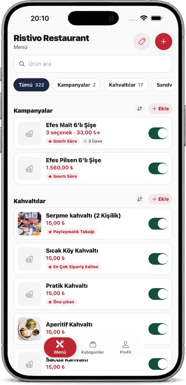 Ristivo QR uygulamasında menü düzenleme